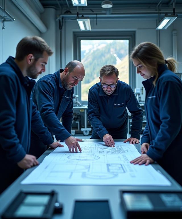 Das Ingenieurteam von Alpen Quarz bespricht Blaupausen in der Werkstatt in Innsbruck